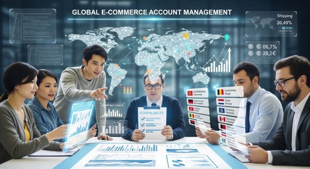Explanation of global eCommerce account management including marketplace optimization, seller account handling, and international brand management