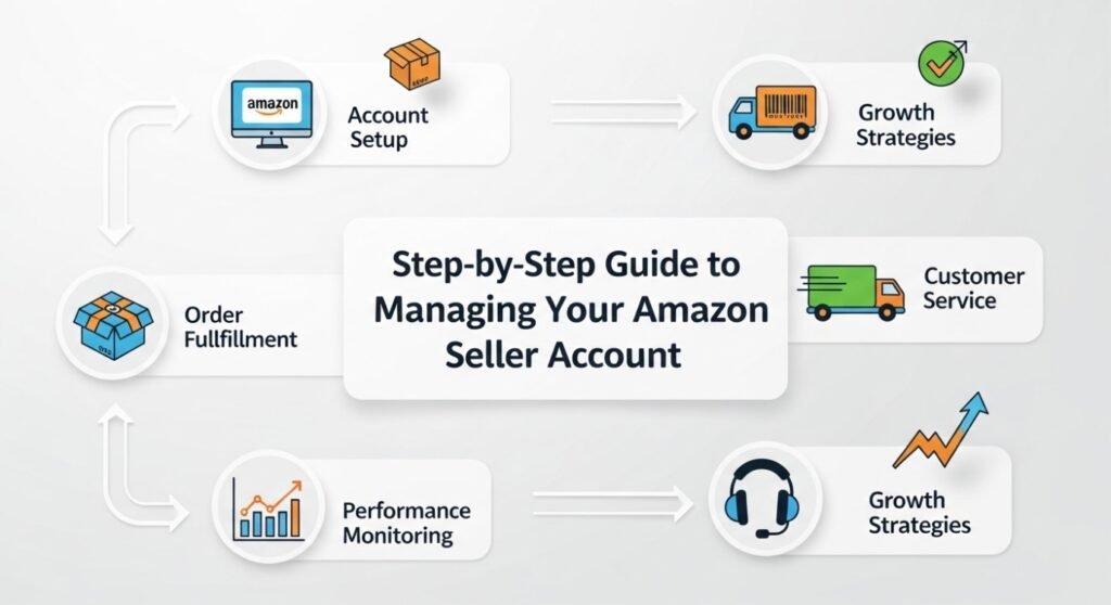 Step-by-step process of managing an Amazon seller account including account setup, product listing optimization, Amazon PPC campaigns, and performance tracking