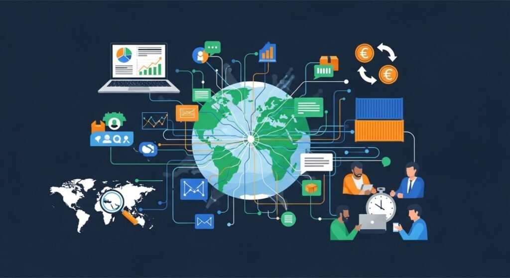 International marketplace account management process showing listing optimization, compliance management, logistics coordination, and performance monitoring