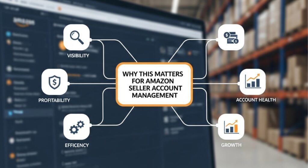 Amazon seller dashboard showing account management, performance metrics, and compliance alerts for ecommerce sellers