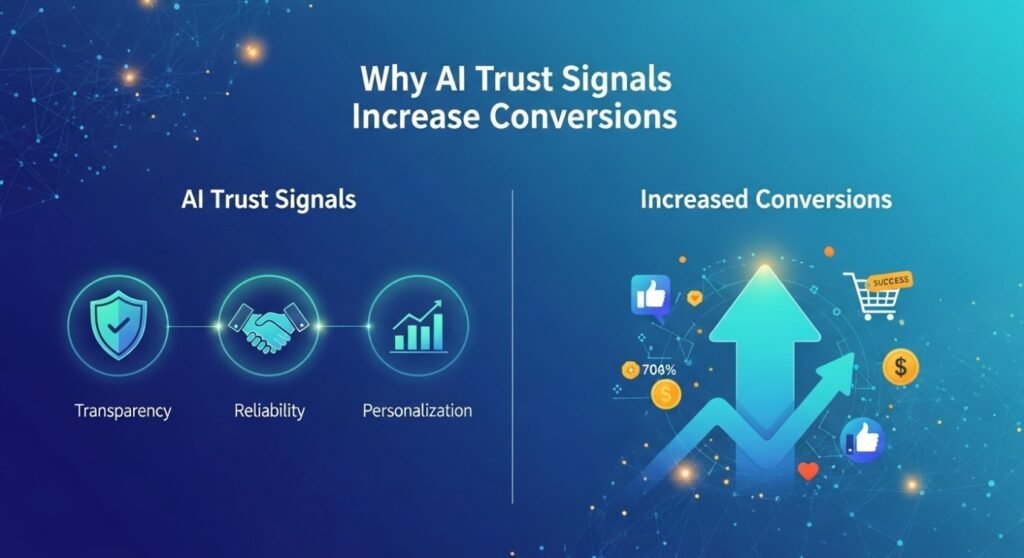 Ecommerce analytics dashboard showing increased conversions and reduced returns using AI trust signals