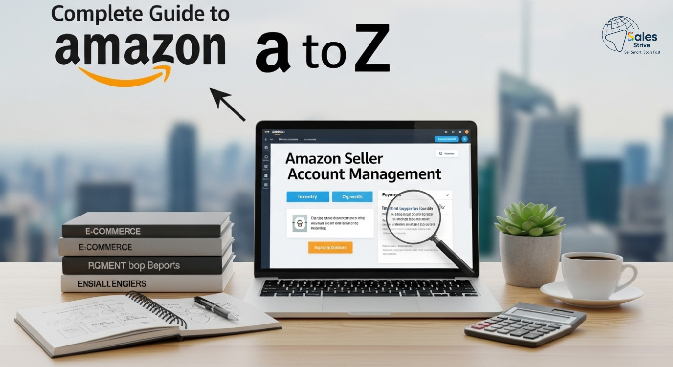 Complete guide to Amazon seller account management for beginners showing Seller Central dashboard, product listings, and performance analytics overview