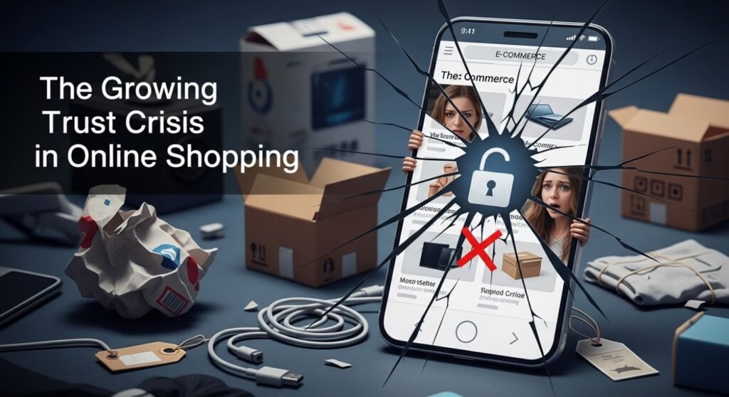 Online shopper worried about fake reviews and counterfeit products on ecommerce marketplace