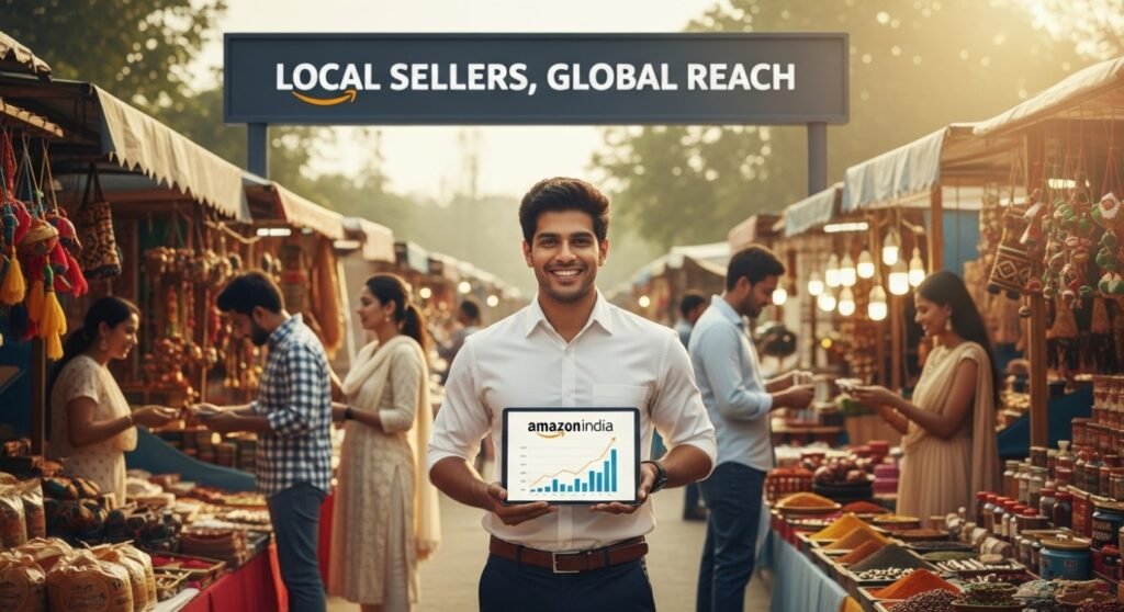 Small business owner packing products for shipment while managing orders on Amazon Seller Central, showing the growing opportunity of selling on Amazon India.