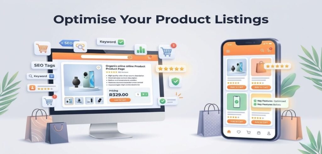 A modern e-commerce illustration showing a desktop and smartphone displaying optimized product listings with SEO tags, keywords, product listing optimization for online marketplaces.