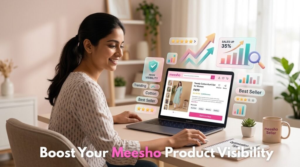 A woman working on a laptop at home optimising a Meesho product listing, with floating icons showing analytics, ratings, best seller tags, and sales growth indicating increased product visibility.
