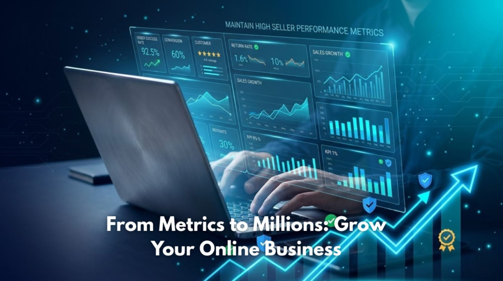 Laptop showing sales analytic s dashboard with growth charts and KPI’s