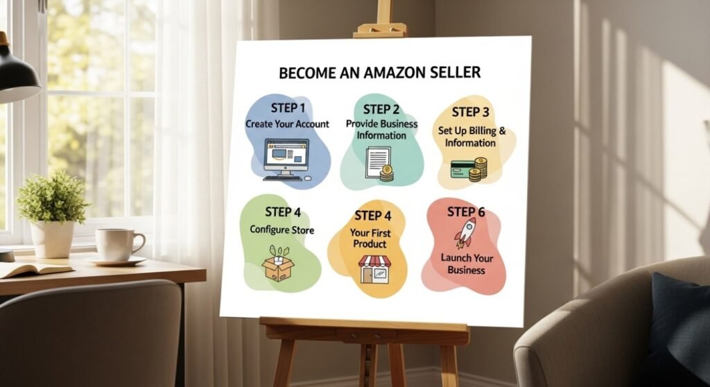 Laptop screen showing Amazon seller registration process with business owner creating an Amazon seller account step by step.
