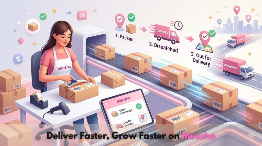 A Meesho seller packing and labelling boxes on a workstation while parcels move along a conveyor belt, illustrating the order process from packing to dispatch and out-for-delivery stages.