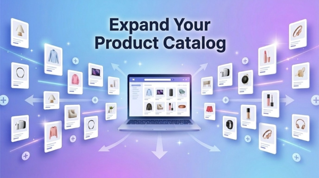 Laptop displaying an online store with multiple product cards expanding outward, symbolizing growing a product catalog.