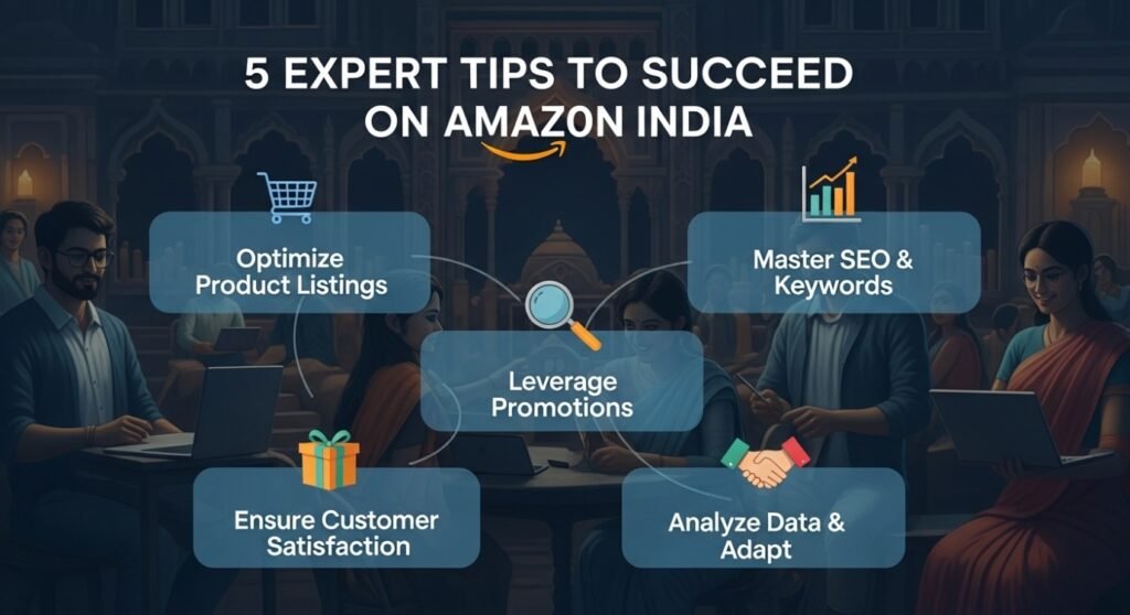 Amazon seller managing product listings and sales analytics on a laptop while packing orders, representing expert tips to succeed on Amazon India.