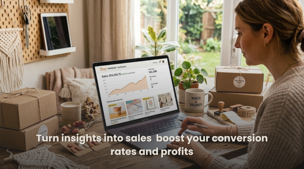 Woman working on a laptop displaying an Etsy dashboard with sales analytics, surrounded by packaged products and workspace tools, highlighting how insights can improve conversion rates and profits.