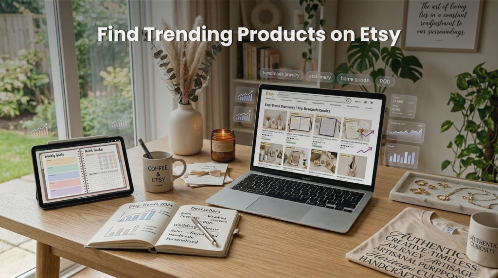 Workspace setup showing a laptop displaying Etsy trending products, a tablet with a planner, a notebook with sales charts, and handmade items like jewellery and a tote bag, highlighting product research and eCommerce strategy.