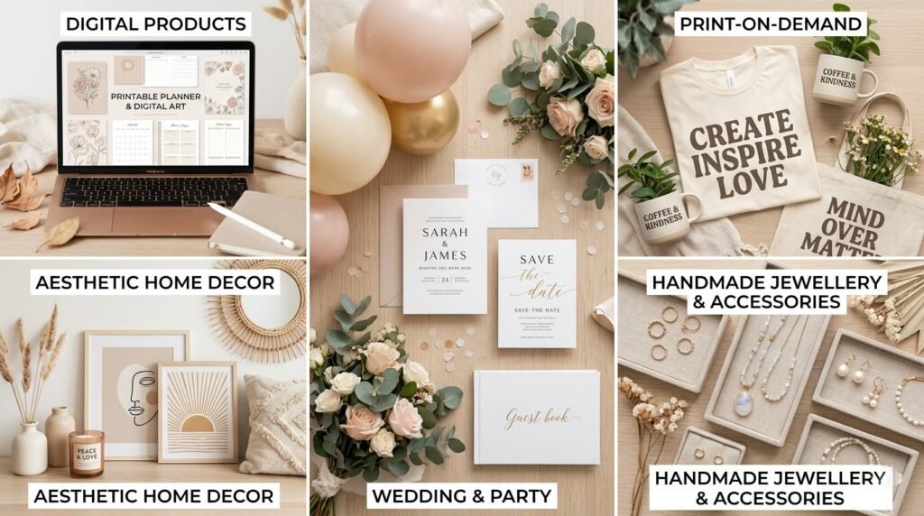 Collage showcasing popular e-commerce product categories, including digital products like printable planners, aesthetic home decor items, wedding and party stationery, print-on-demand apparel, and handmade jewellery and accessories, arranged in a soft neutral aesthetic theme.