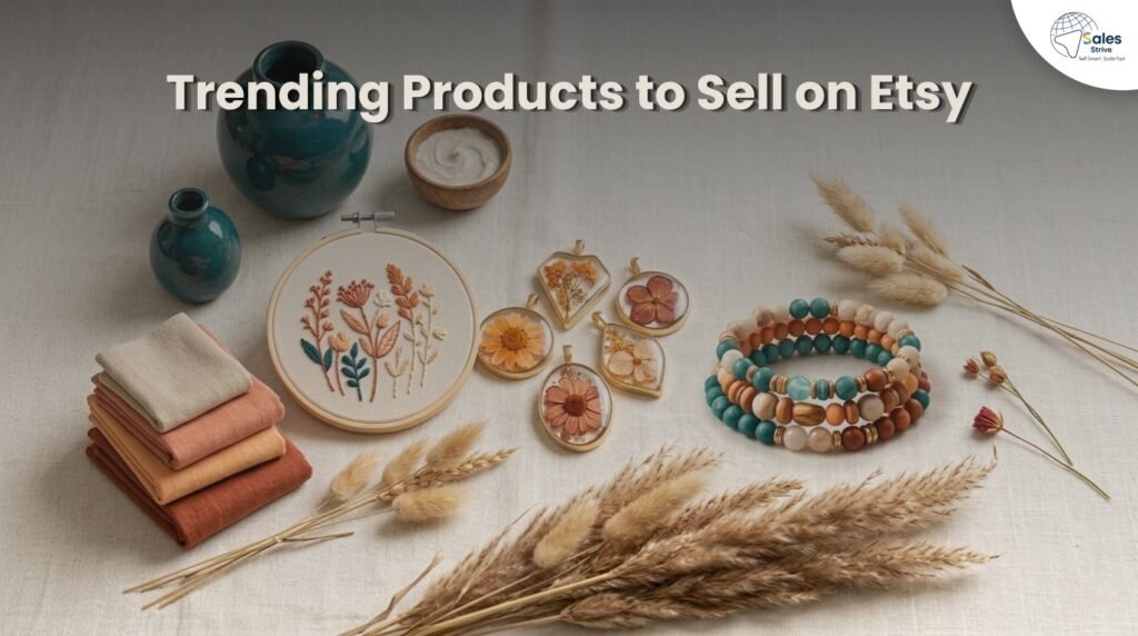 Handmade Etsy items like embroidery, jewellery, and decor on a neutral background