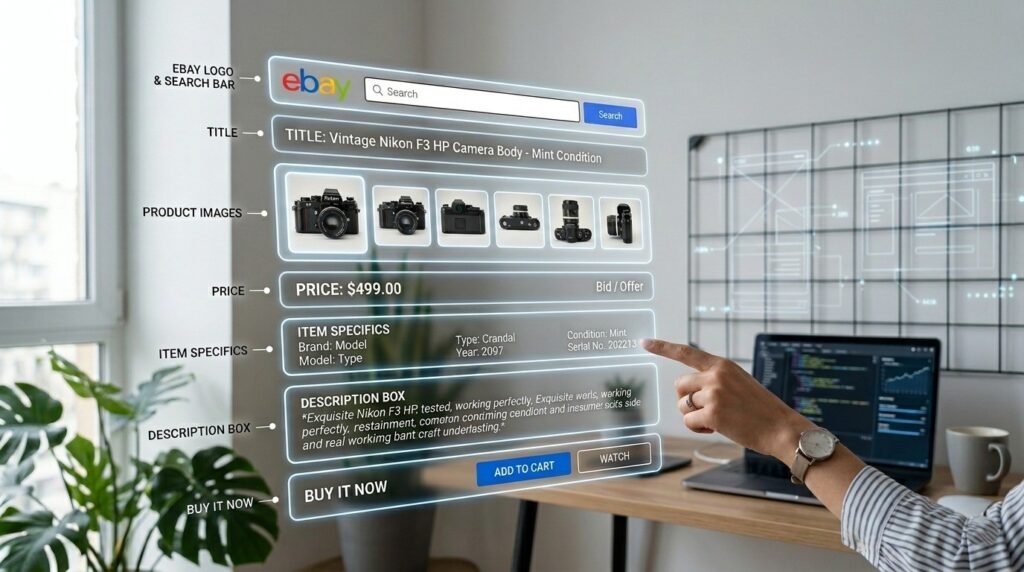 A digital interface showcasing an optimized eBay product listing with labeled sections such as title, product images, price, item specifics, and description, while a person points at the screen, illustrating the key elements needed to create a high-converting eBay listing.