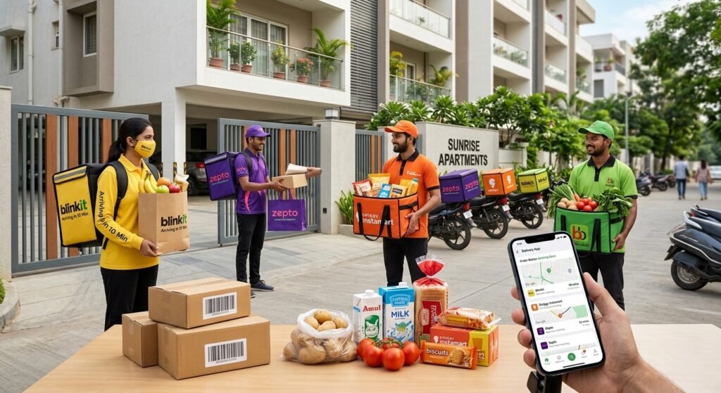 Delivery executives from various quick commerce services like Blinkit and Zepto stand outside an apartment complex with grocery bags, packages, and fresh food items while a customer tracks the delivery on a smartphone.