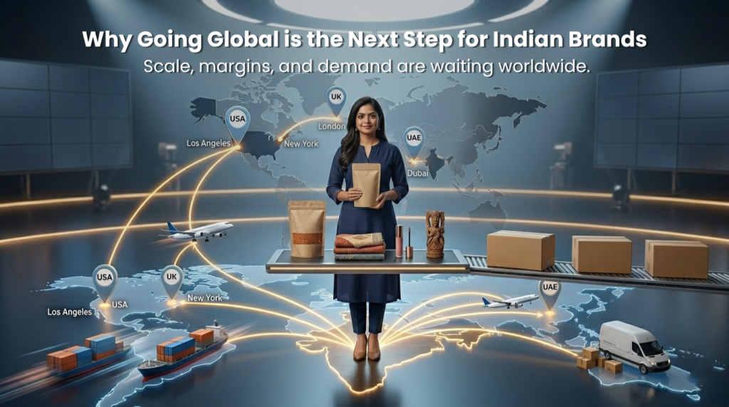 An Indian woman entrepreneur standing with packaged products, set against a world map with highlighted export routes from India to the USA, UK, and UAE, along with airplanes, ships, and delivery trucks—illustrating global expansion and international e-commerce opportunities.