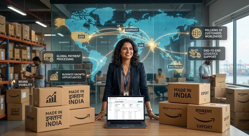 An Indian businesswoman standing in a warehouse office with “Made in India” and Amazon export boxes, using a laptop displaying global sales data, with a digital world map highlighting connections to the USA, UK, Germany, UAE, and Australia, representing global e-commerce growth, logistics, and international customer reach.