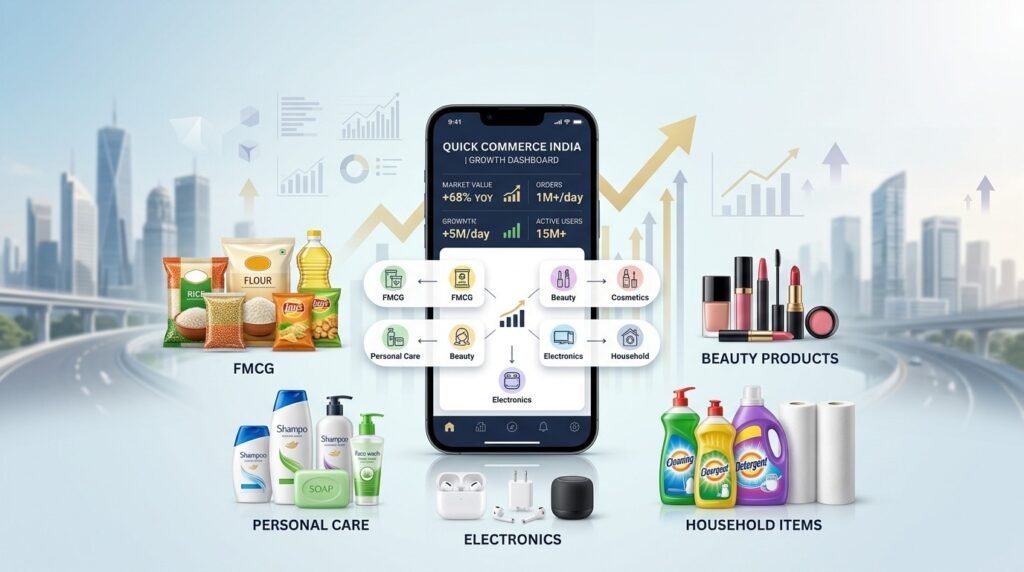 Smartphone displaying a quick commerce growth dashboard in India surrounded by product categories including FMCG groceries, personal care items, beauty products, electronics, and household cleaning supplies with upward growth charts in the background.