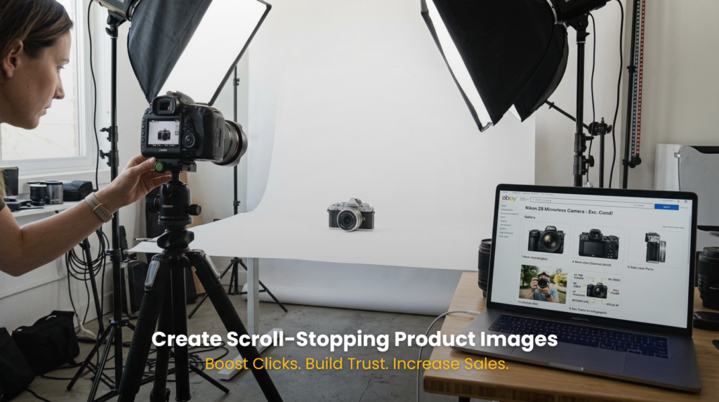A professional product photography setup with a camera on a tripod, capturing a product on a white background, while a laptop displays an eBay listing with multiple product images.