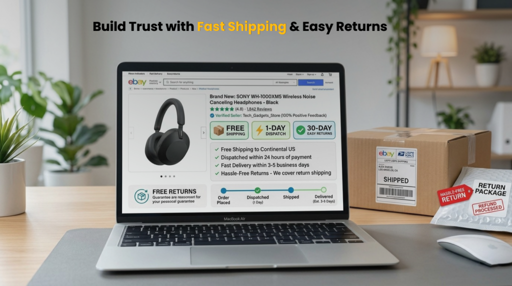 Laptop showing an eBay product listing with free shipping, fast dispatch, and easy returns, next to a shipped box and return package on a desk.