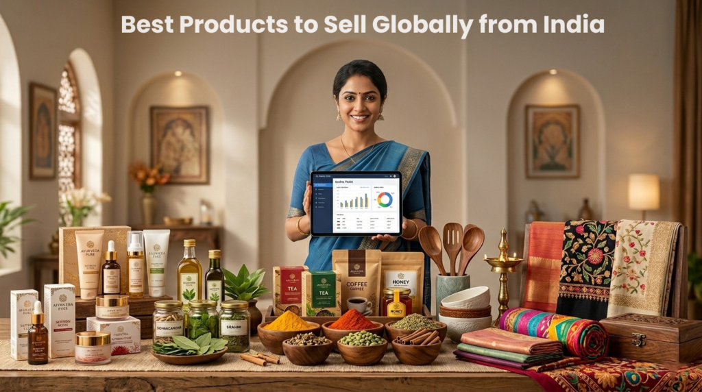 A woman in traditional Indian attire holding a tablet displaying sales analytics, surrounded by Indian products like spices, tea, coffee, honey, skincare items, wooden utensils, and colourful textiles in a home-style setting.