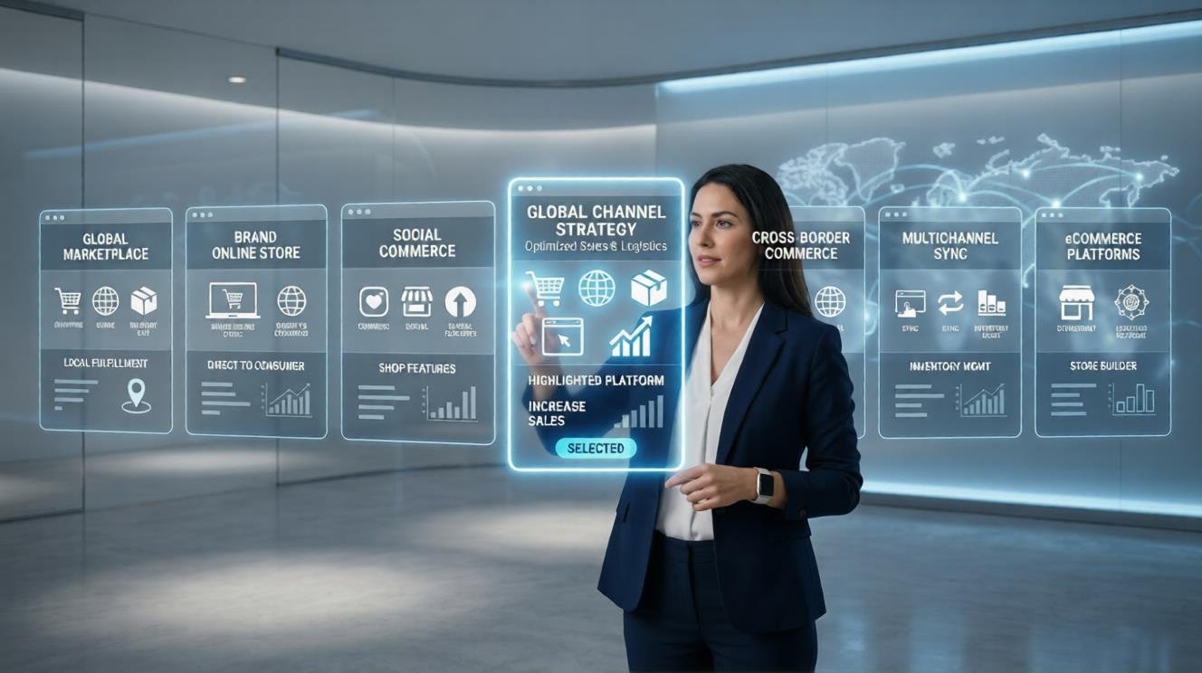 A professional businesswoman interacting with a futuristic digital interface displaying global e-commerce strategy, multichannel sync, cross-border commerce, and online marketplace analytics in a modern office environment.