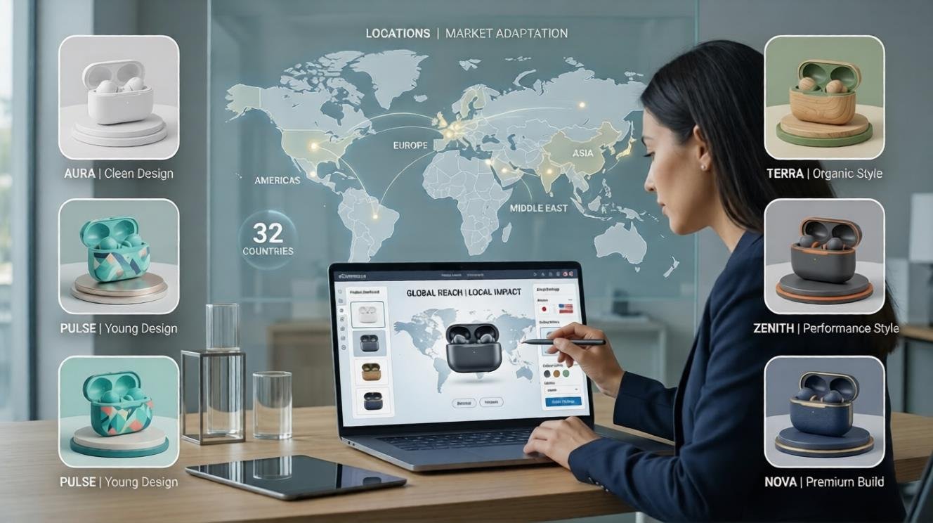 A businesswoman using a laptop to customize wireless earbuds while a digital world map displays global reach across 32 countries, with product design variations like Aura, Terra, Pulse, Zenith, and Nova shown around the screen.