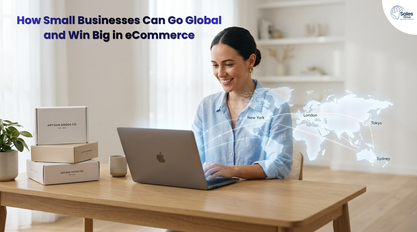 A small business owner working on a laptop at home with packaged products beside her, while a digital world map shows global shipping connections to cities like New York, London, Tokyo, and Sydney, representing international eCommerce growth.