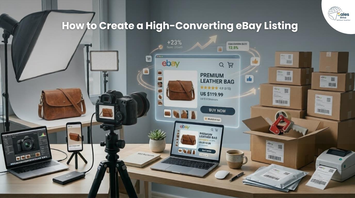 A professional eBay product listing setup featuring a camera, lighting equipment, and a leather bag being photographed, alongside a laptop and packaging boxes, illustrating how to create a high-converting eBay listing with optimised visuals and shipping readiness.