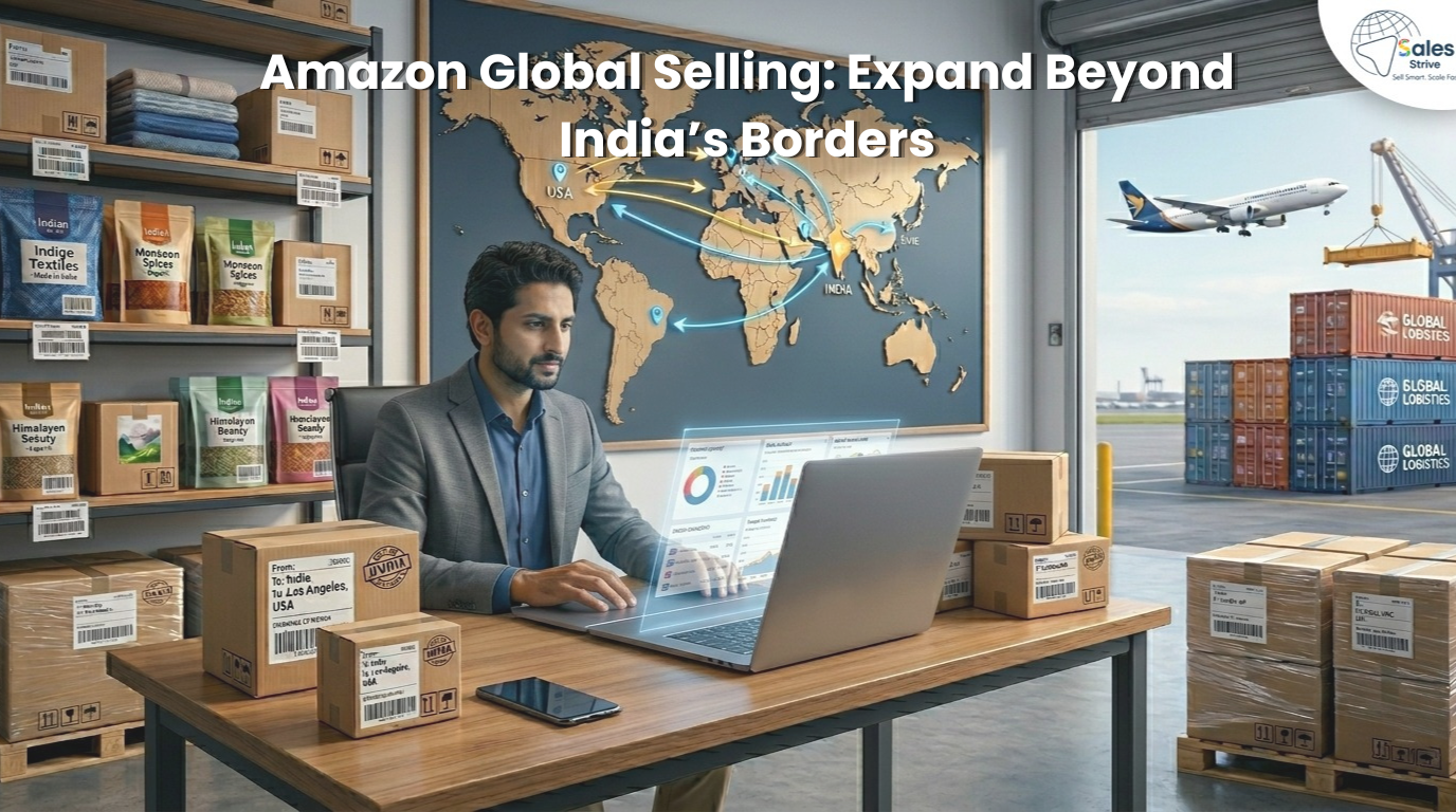 An Indian entrepreneur working on a laptop in a warehouse office, surrounded by packaged goods labelled “Made in India,” with a world map showing export routes to the USA, UK, and other countries, and shipping containers and an aeroplane visible outside—representing global e-commerce and international shipping.