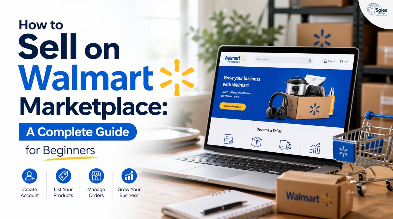 Laptop displaying Walmart Marketplace seller page with ecommerce packaging boxes, shopping cart, and icons highlighting account setup, product listing, order management, and business growth for beginners