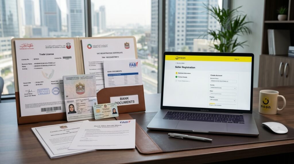 Noon seller registration setup in a modern UAE office with business documents, trade license, VAT certificate, passport, bank documents, and laptop displaying Noon Seller Lab registration page.