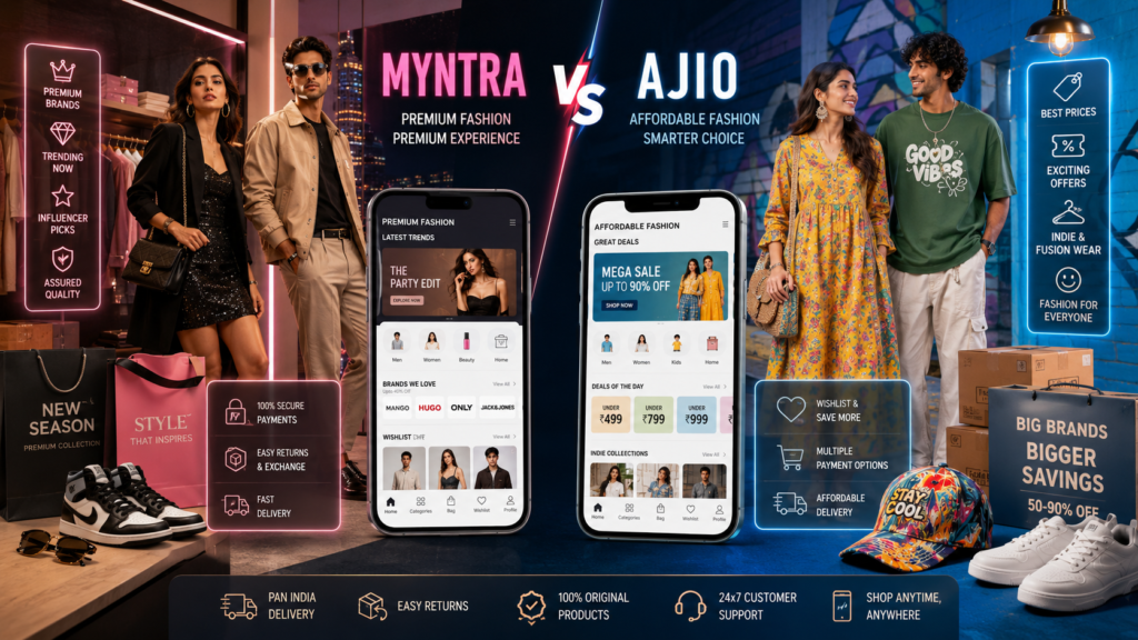 Myntra vs Ajio fashion shopping comparison banner with premium and affordable style collections.