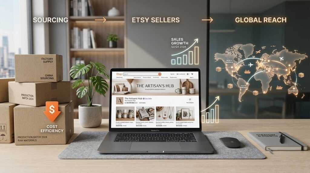 Workspace scene with stacked sourcing boxes labeled factory supply and raw materials, a laptop displaying an Etsy shop, and a world map graphic showing global shipping routes and sales growth, illustrating cost-efficient sourcing and international eCommerce expansion.