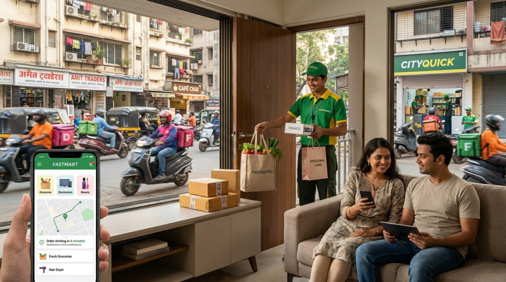 Quick commerce delivery partner delivering products instantly to customer using a mobile delivery app.