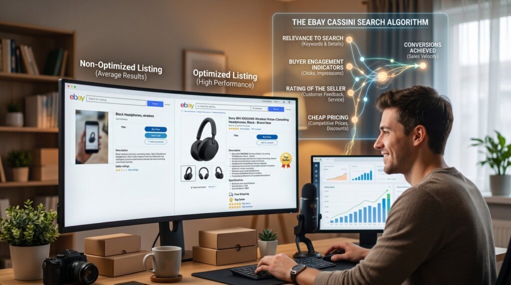 Seller optimizing eBay listings using Cassini search algorithm strategies.