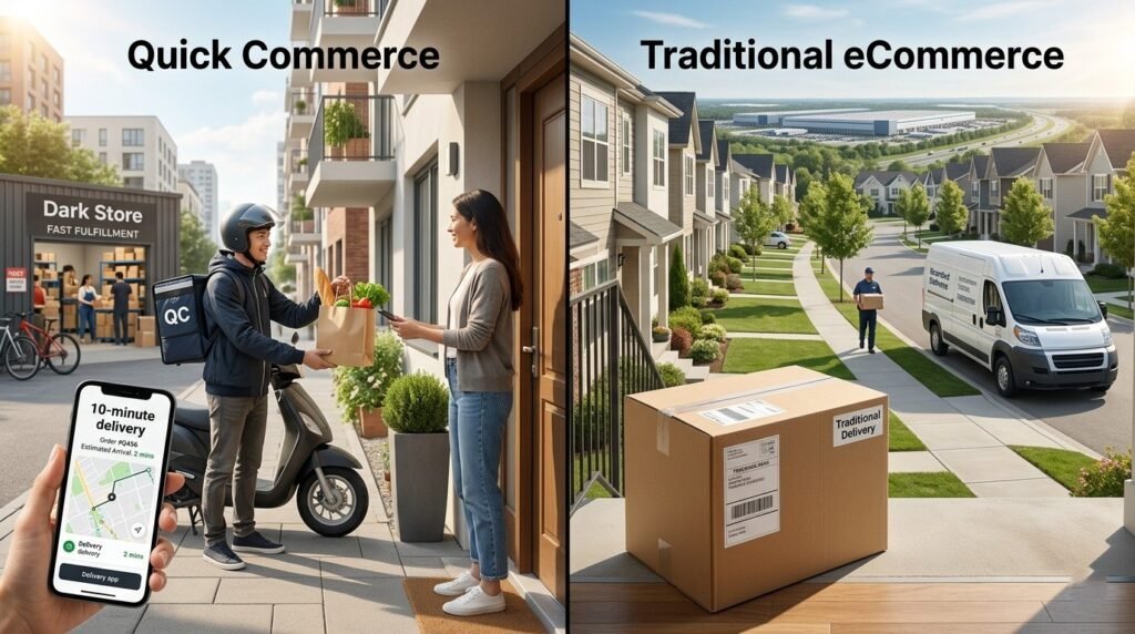 Comparison of fast quick commerce delivery and traditional eCommerce delivery systems.