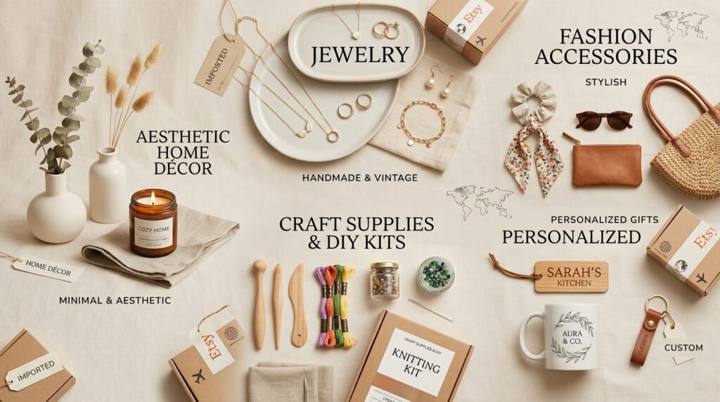 Flat lay of popular Etsy-style products including jewelry, minimalist home décor items, craft supplies and DIY kits, fashion accessories, and personalized gifts like mugs and keychains, arranged on a neutral background with category labels.