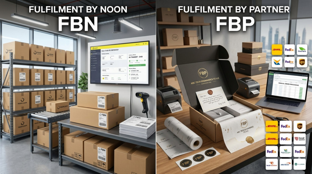 Comparison between Fulfilment by Noon (FBN) and Fulfilment by Partner (FBP) showing warehouse storage, Noon dashboard, shipping boxes, courier integrations, packaging process, and order management workspace.