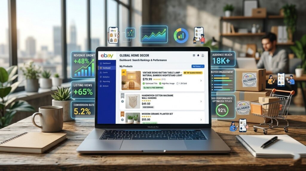 eBay seller dashboard showing product optimization, sales growth, and performance analytics.