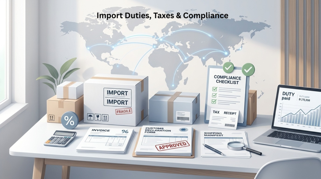 Illustration of import and export process showing shipping boxes, invoices, customs declaration forms, compliance checklist, calculator, and laptop with duty costs, set against a world map with global trade routes.