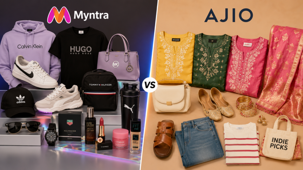 Myntra vs Ajio product showcase featuring premium western fashion and ethnic wear collections.