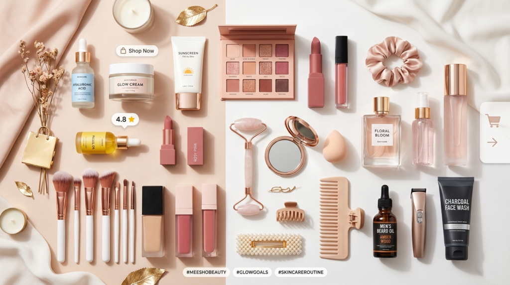 Flat lay of beauty and skincare products including makeup palette, lipsticks, foundation, face serum, perfume, brushes, comb, and grooming accessories arranged in an aesthetic pastel theme