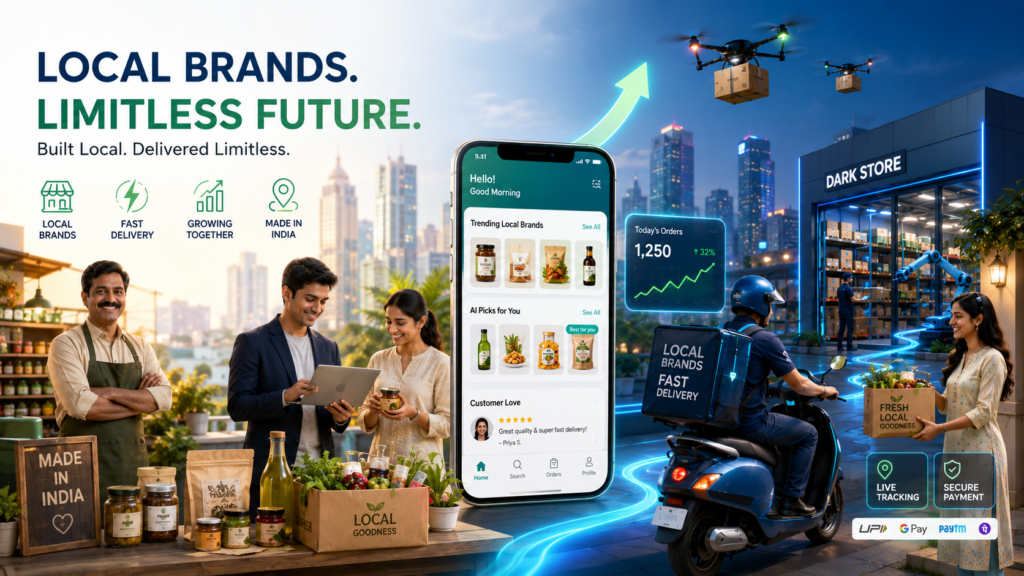 Futuristic banner showing Indian local brands growing through quick commerce and fast delivery services.