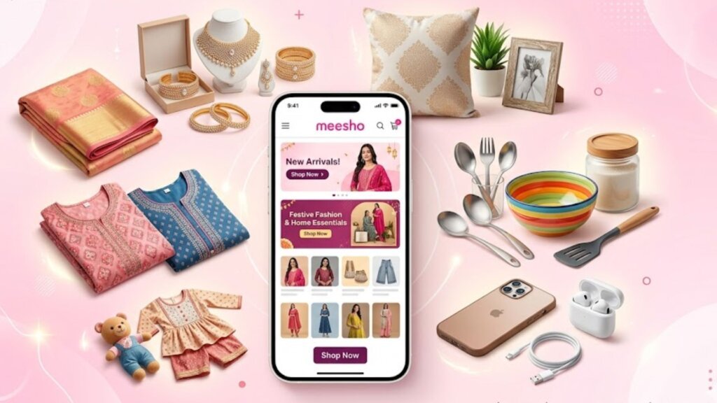 Meesho shopping app with fashion, jewellery, home, and mobile products