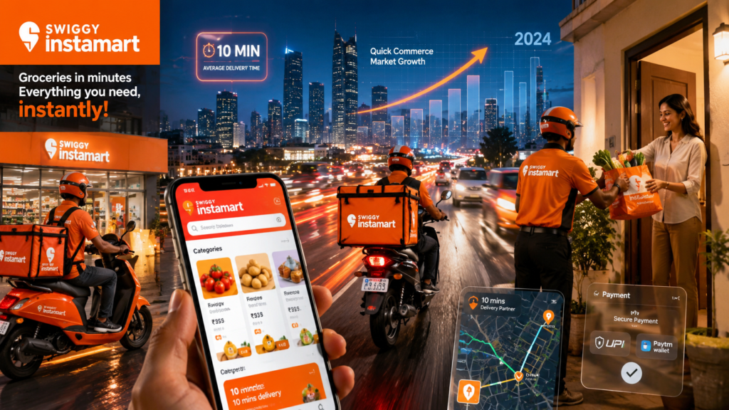 Digital banner showing Swiggy Instamart fast grocery delivery, quick commerce growth, and instant doorstep delivery in a modern city.