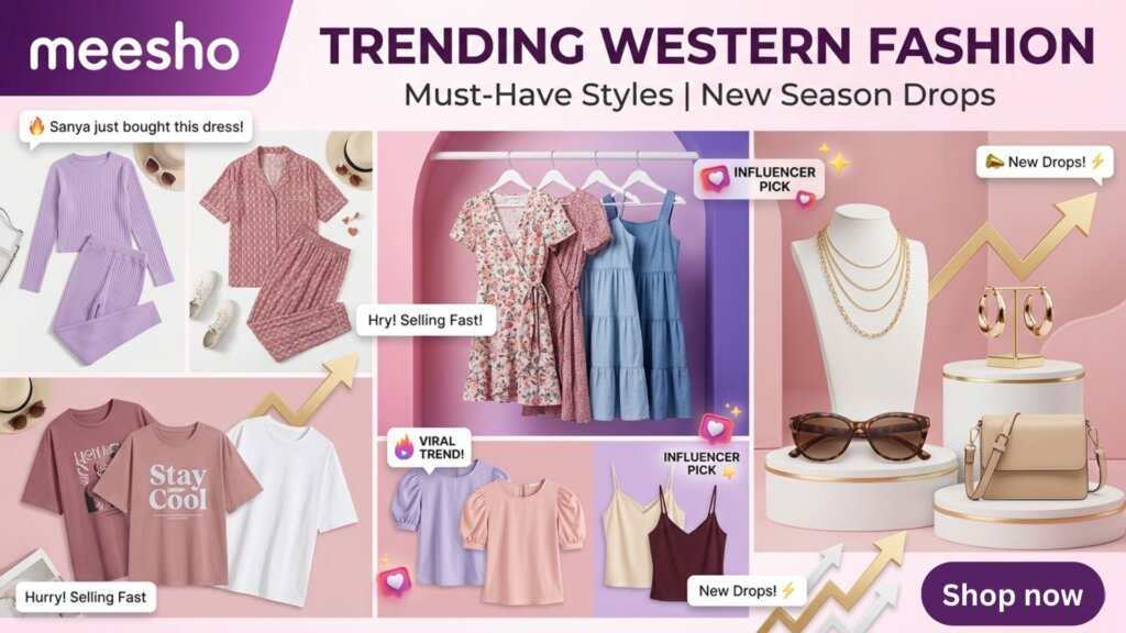 Meesho western fashion banner with trendy dresses, T-shirts, jewellery, and fashion accessories.