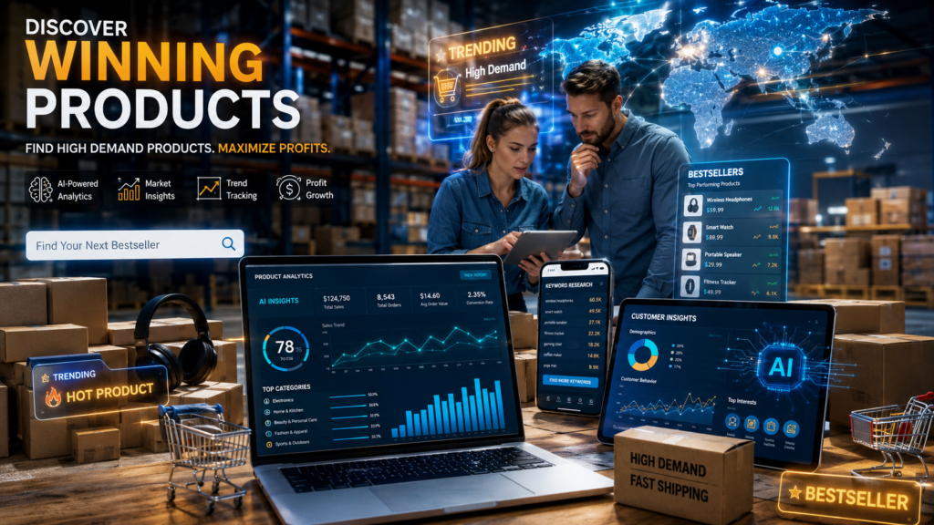 Futuristic ecommerce banner showing AI-powered product research, sales analytics, and high-demand product discovery in a smart warehouse.